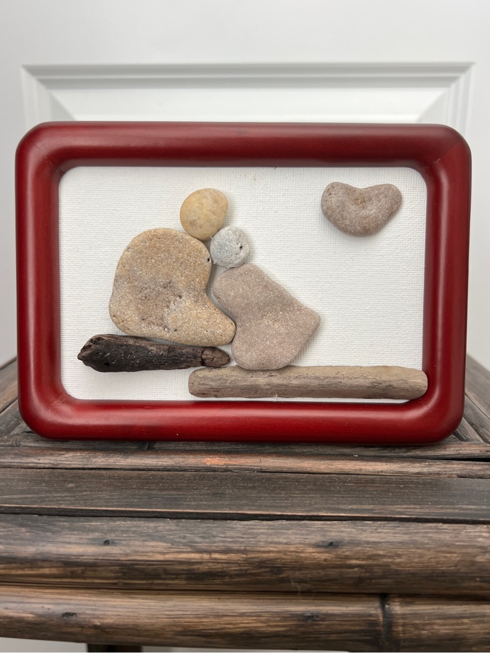 Hand Crafted 5x7 Wood Frame Beach Stone Couple Mixed Media Art